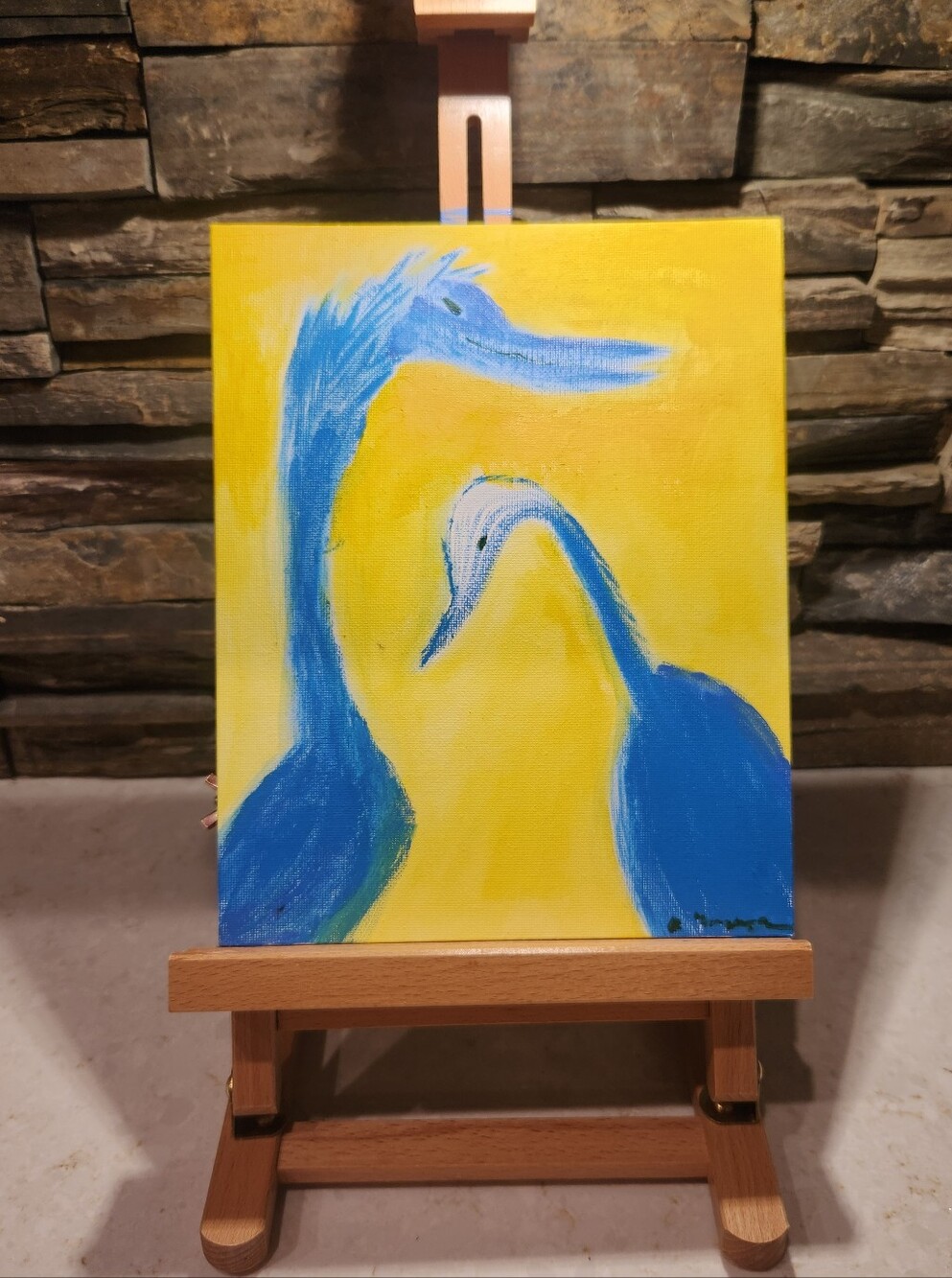 Birds Of A Feather - Painted Blue Birds On Yellow Background 8x10
